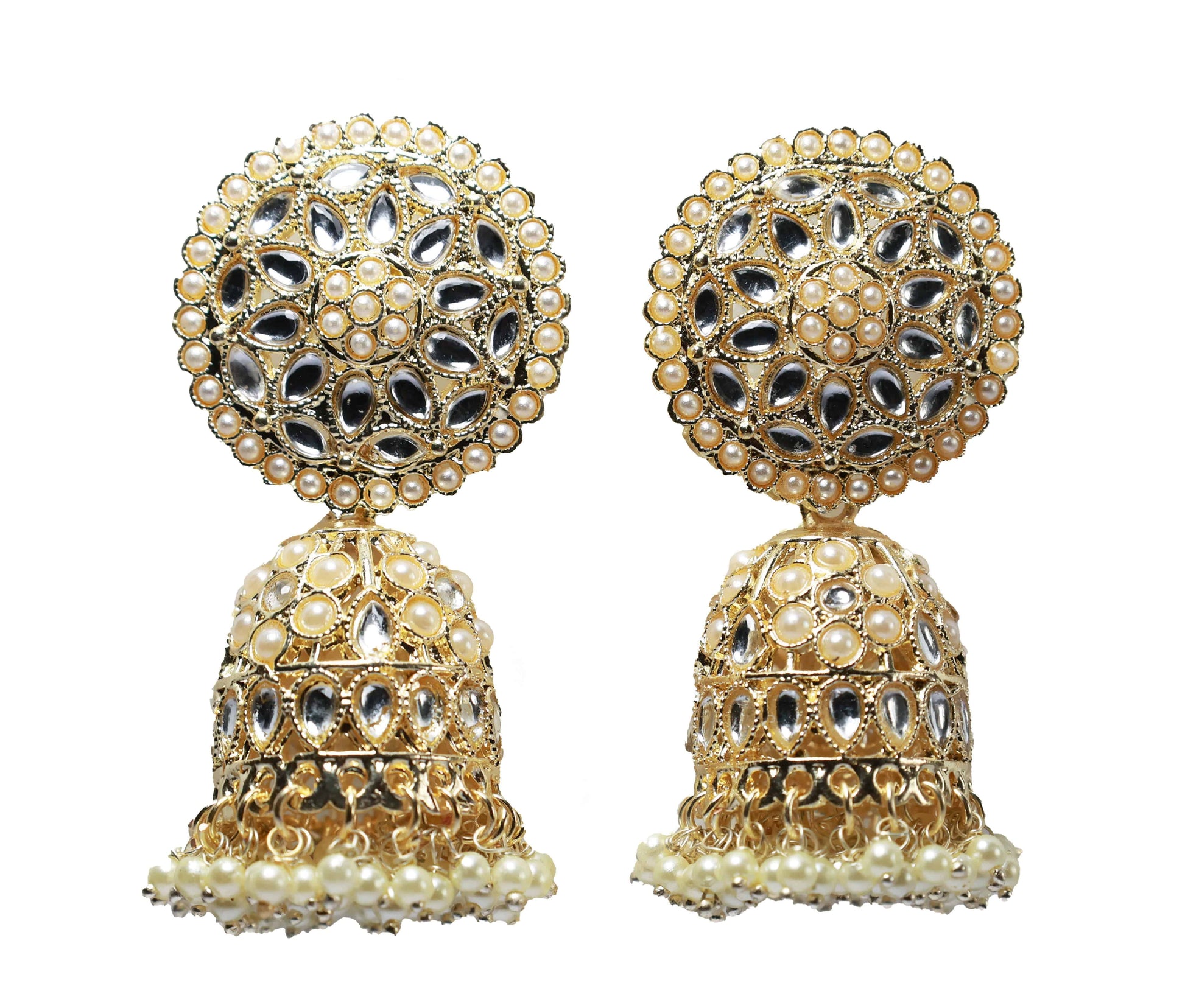 Pearl Bloom Jhumkas with kundan stones - Mywishtree