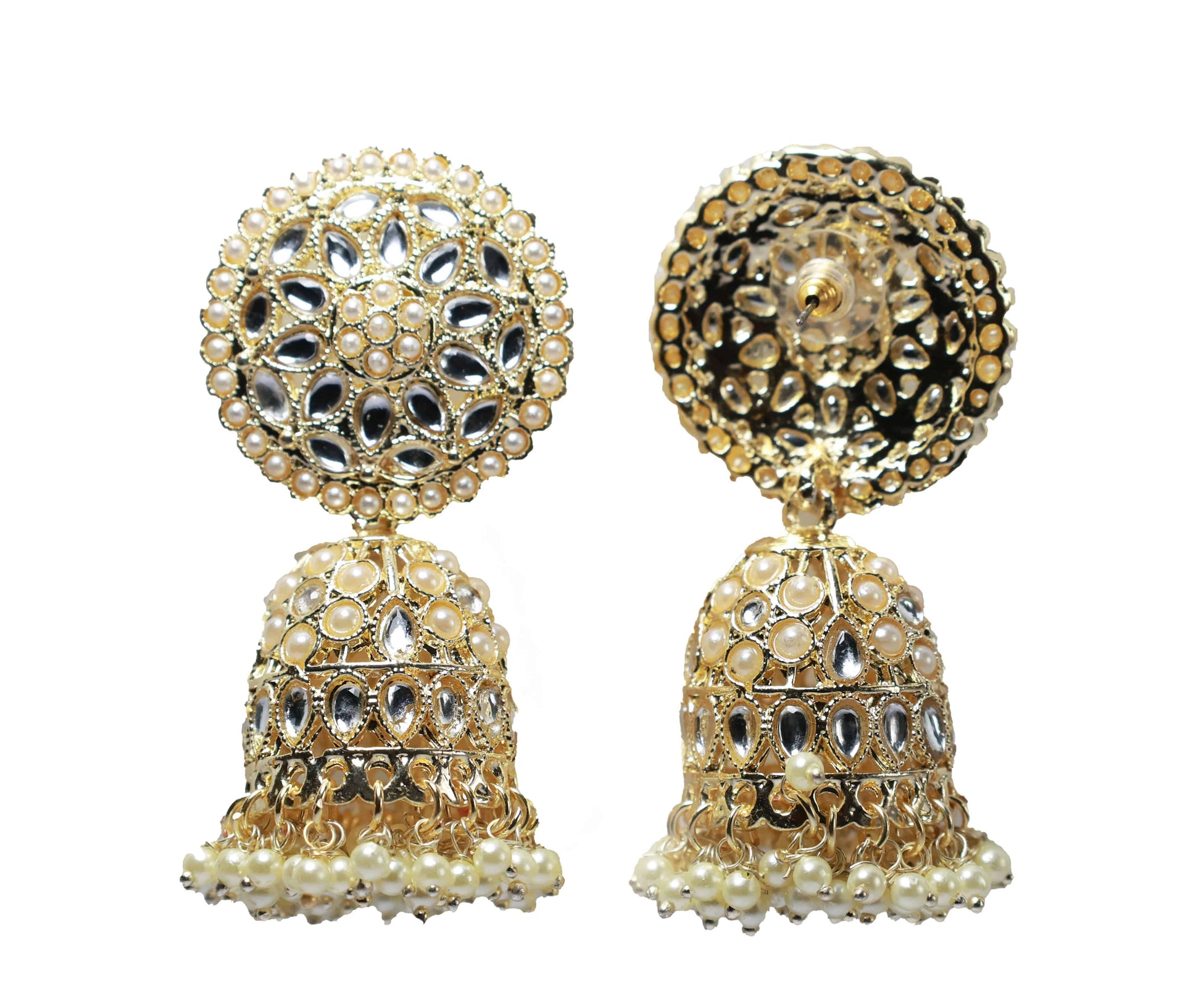 Pearl Bloom Jhumkas with kundan stones - Mywishtree