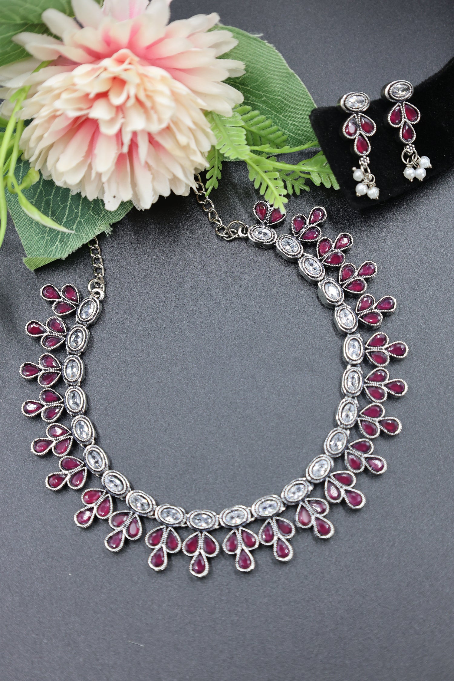 Teardrop Stone Necklace-Mywishtree, Ruby stone, Necklace, Necklace set, American Diamond, wedding necklace, party necklace