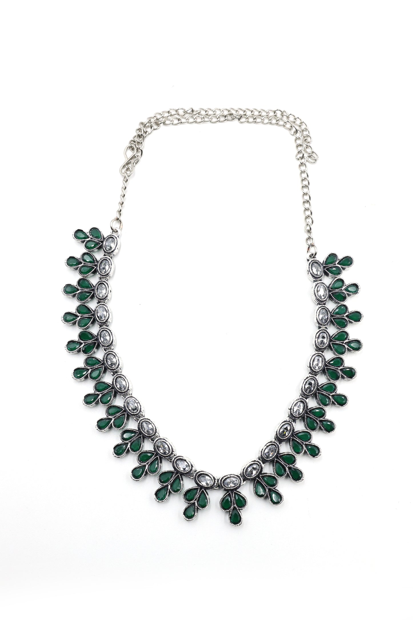 Teardrop Stone Necklace Set with Oxidised Plating - Mywishtree, imitation jewellery, emerald stone, Necklace, Necklace set, American Diamond, wedding necklace, party necklace, Choker set, Necklace with Earring