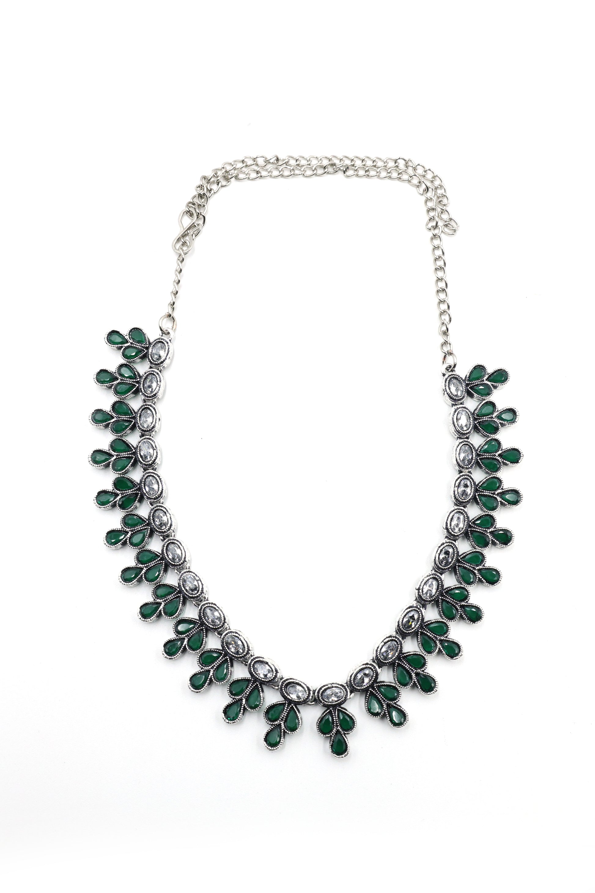 Teardrop Stone Necklace Set with Oxidised Plating - Mywishtree, imitation jewellery, emerald stone, Necklace, Necklace set, American Diamond, wedding necklace, party necklace, Choker set, Necklace with Earring