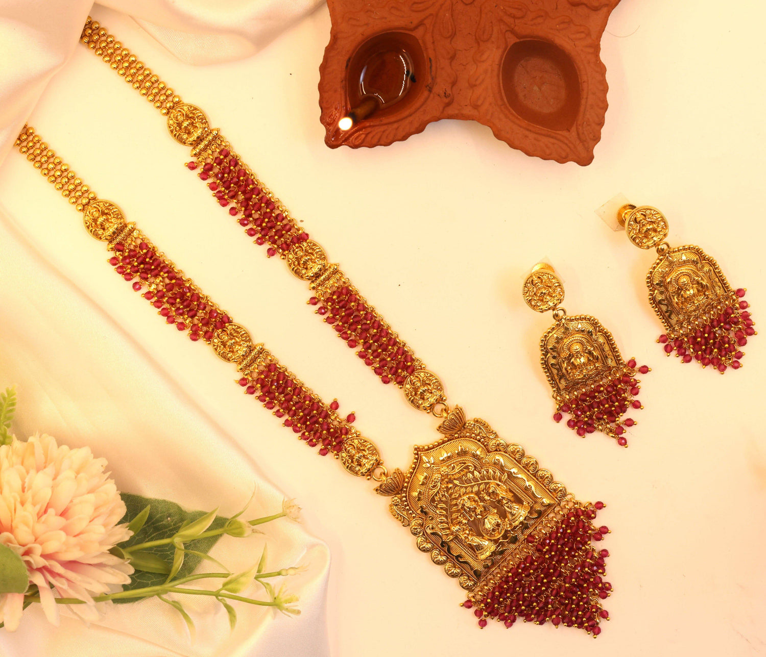 MyWishTree Temple-Inspired Antique Gold Necklace Set with Divine Krishna Motifs - Mywishtree