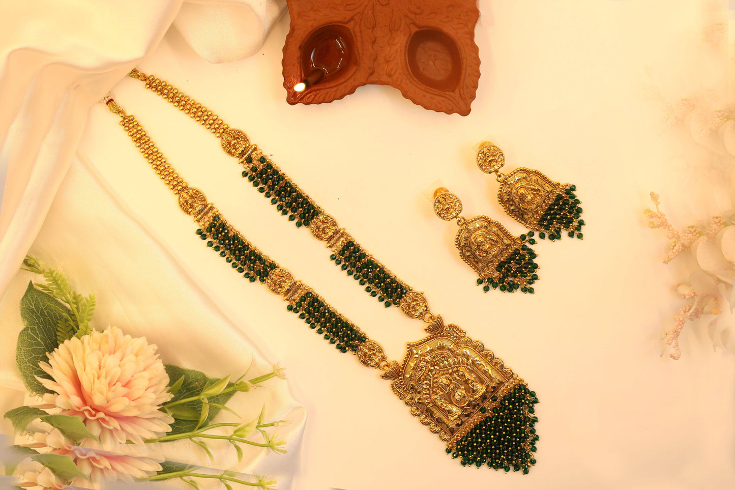 MyWishTree Temple-Inspired Antique Gold Necklace Set with Divine Krishna Motifs - Mywishtree