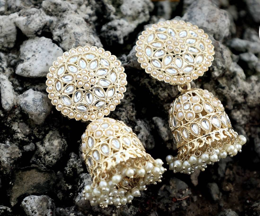 Pearl Bloom Jhumkas with kundan stones - Mywishtree